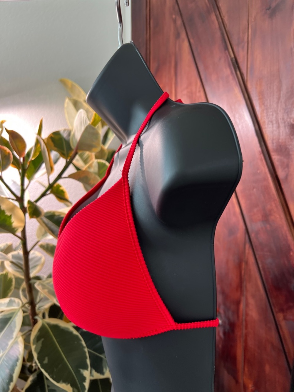 Red Ribbed Lace-Up Triangle Bikini Top - Picture 3 of 8